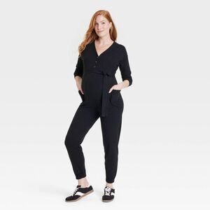 Long Sleeve Nursing Maternity Jumpsuit - Isabel Ma Black